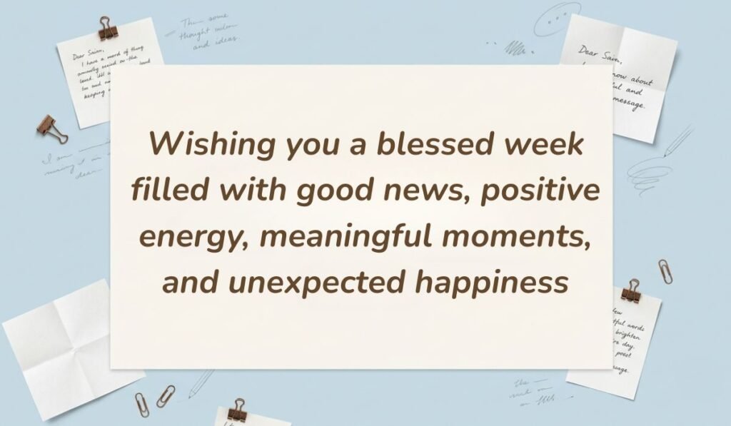 Off-white workspace setting surrounded by notes, paperclips, and stationery clips featuring new week blessings stating, "Wishing you a blessed week filled with good news, positive energy, meaningful moments, and unexpected happiness"