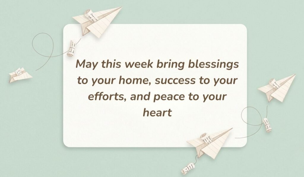 Mint green background decorated with paper airplanes and message scrolls displaying new week blessings stating, "May this week bring blessings to your home, success to your efforts, and peace to your heart"
