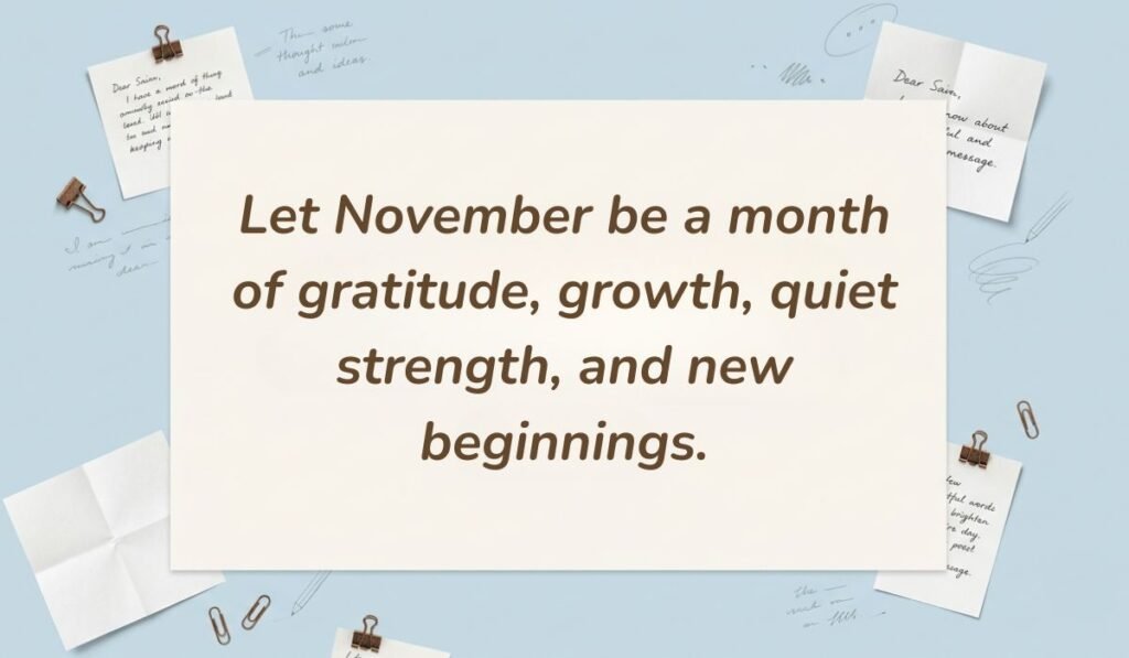 Soft blue workspace layout with pinned notes and paperclips presenting motivational november quotes reading, "Let November be a month of gratitude, growth, quiet strength, and new beginnings."