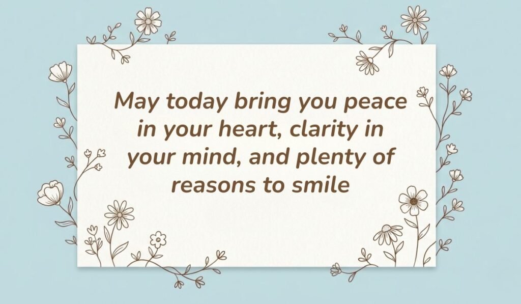 Soft blue backdrop framed with botanical line drawings featuring positive messages for the day reading, "May today bring you peace in your heart, clarity in your mind, and plenty of reasons to smile."