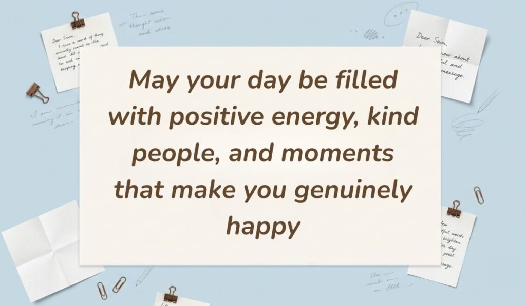 Light blue workspace background accented with paperclips and sticky notes showcasing positive messages for the day stating, "May your day be filled with positive energy, kind people, and moments that make you genuinely happy."