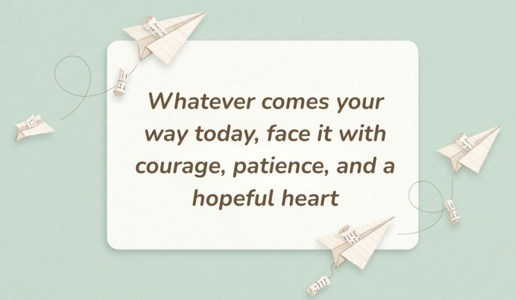 Mint green backdrop decorated with paper airplanes and tiny message scrolls presenting positive messages for the day stating, "Whatever comes your way today, face it with courage, patience, and a hopeful heart."