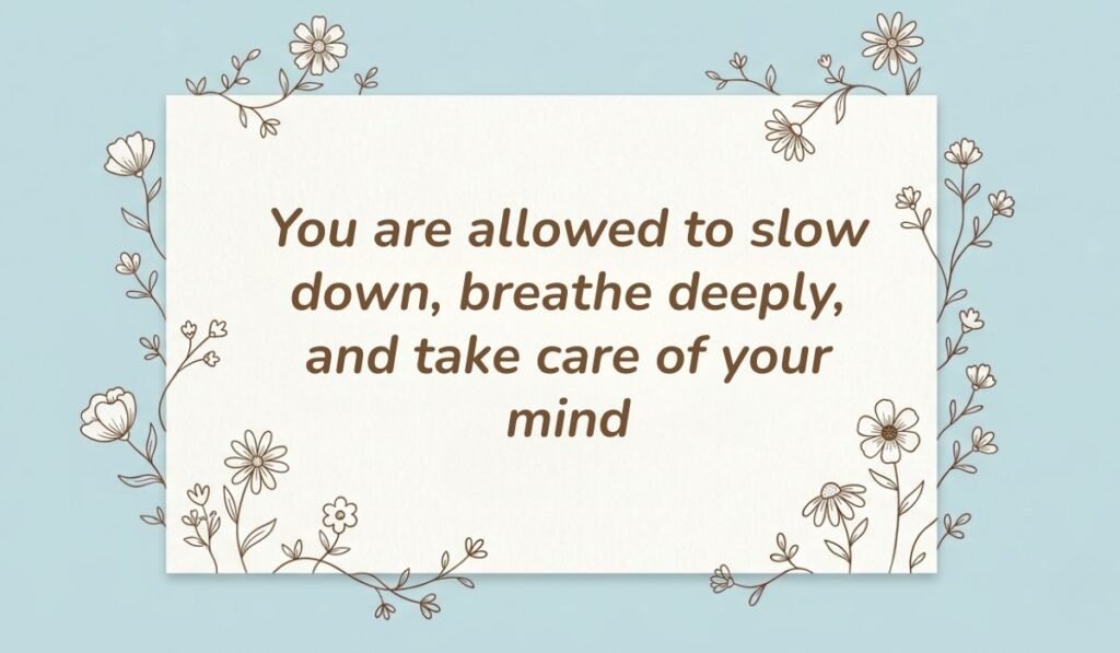 Soft light blue background framed by delicate floral line art illustrations showcasing positive quotes for mental health with text reading, "You are allowed to slow down, breathe deeply, and take care of your mind."
