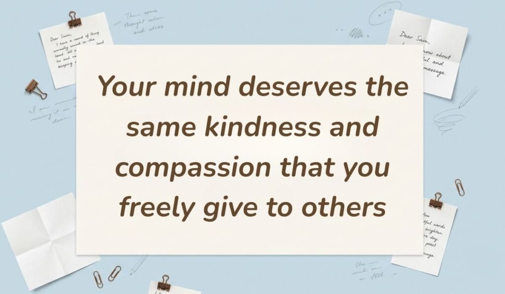 Light blue desk setting with pinned note cards, paperclips, and subtle sketches highlighting positive quotes for mental health with text reading, "Your mind deserves the same kindness and compassion that you freely give to others."