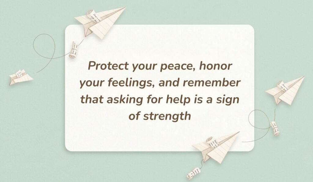 Soft green layout decorated with mini paper airplanes carrying small scrolls presenting positive quotes for mental health reading, "Protect your peace, honor your feelings, and remember that asking for help is a sign of strength."