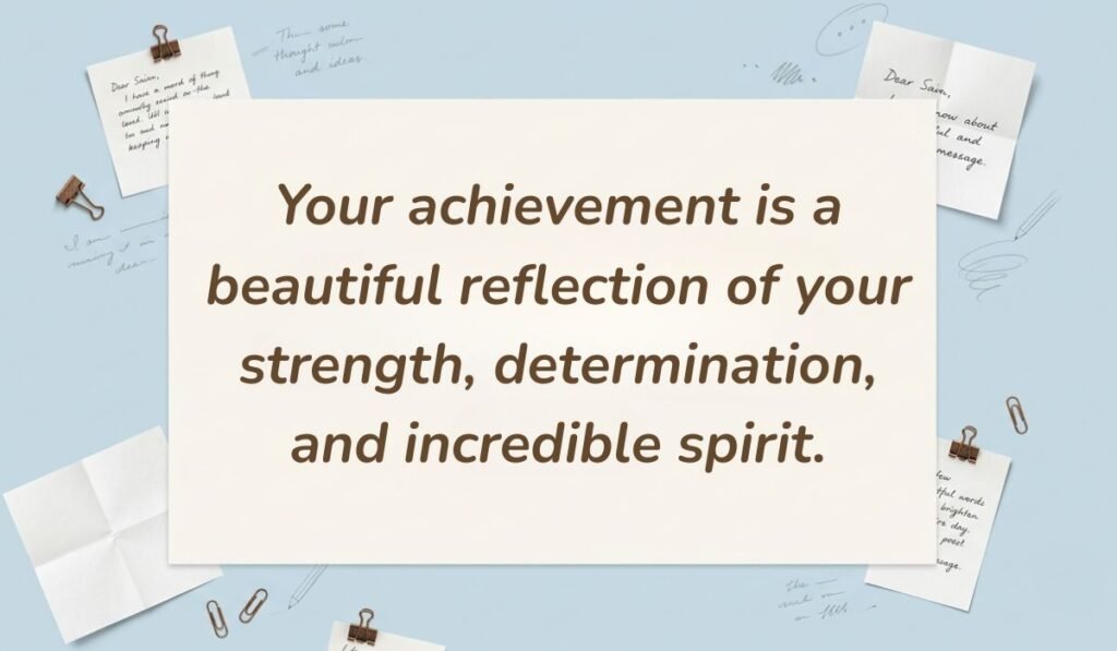 Light blue stationery flat lay with memo notes showing proud messages for daughter achievement reading, "Your achievement is a beautiful reflection of your strength, determination, and incredible spirit."