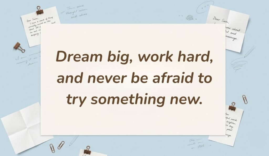 alt="Soft blue study-themed desktop with sticky notes showing an encouraging quote of the day for kids reading, 'Dream big, work hard, and never be afraid to try something new.'"