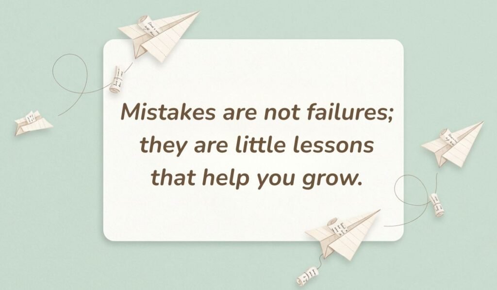 alt="Mint green card design with paper airplanes featuring a growth-mindset quote of the day for kids reading, 'Mistakes are not failures; they are little lessons that help you grow.'"