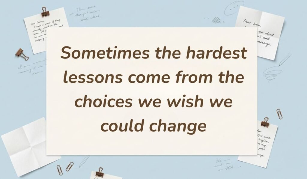 Sky blue desktop background with paper clips and handwritten notes featuring quotes about learning from mistakes reading, "Sometimes the hardest lessons come from the choices we wish we could change."