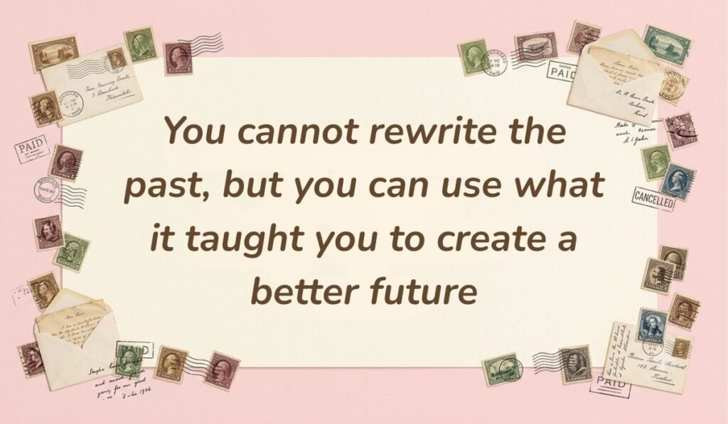 Vintage aesthetic layout surrounded by postmarked stamps and envelopes highlighting quotes about learning from mistakes stating, "You cannot rewrite the past, but you can use what it taught you to create a better future."