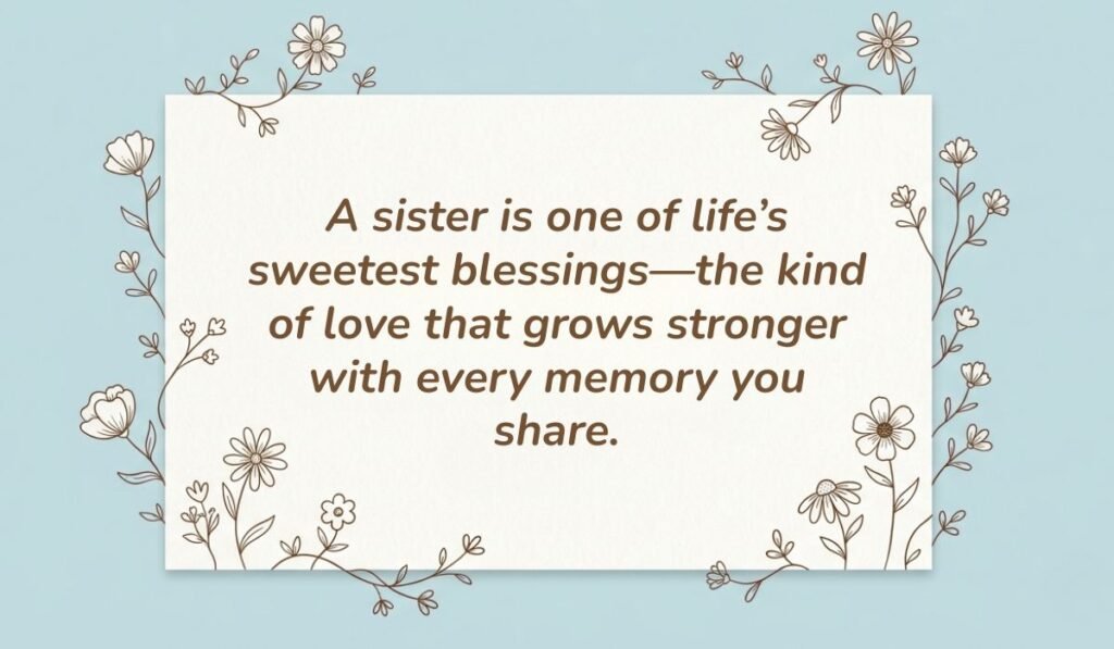 Light blue card with floral line-art borders displaying quotes about love for a sister reading, "A sister is one of life’s sweetest blessings—the kind of love that grows stronger with every memory you share."