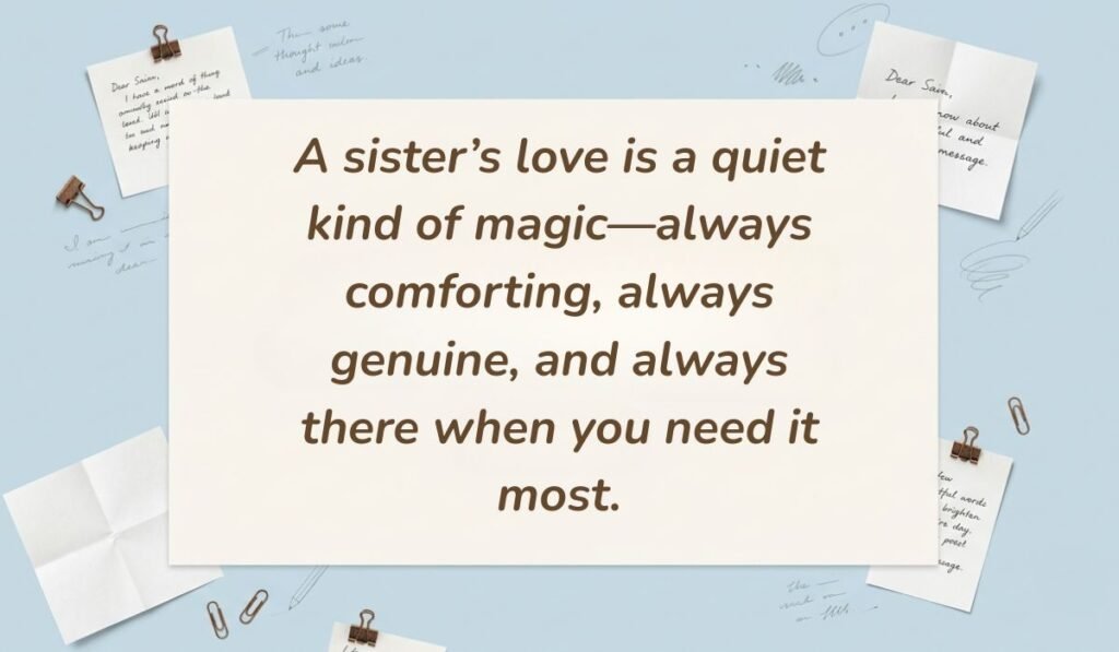 Light blue stationery flat lay with memo notes showing quotes about love for a sister reading, "A sister’s love is a quiet kind of magic—always comforting, always genuine, and always there when you need it most."