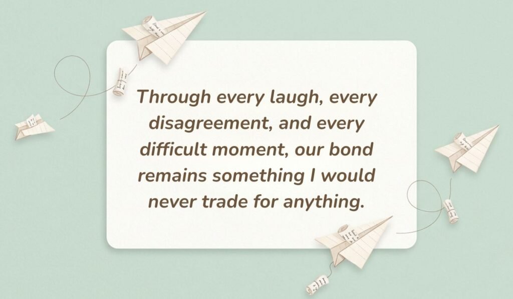 Mint green background with paper airplanes featuring quotes about love for a sister reading, "Through every laugh, every disagreement, and every difficult moment, our bond remains something I would never trade for anything."