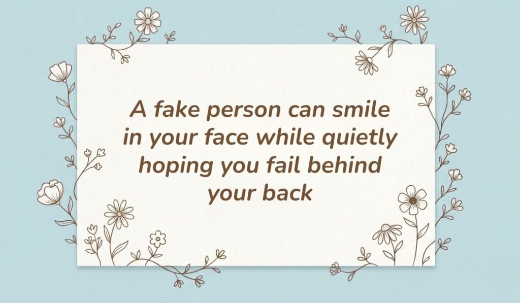 Soft blue backdrop framed with delicate botanical line drawings displaying quotes for a fake person stating, "A fake person can smile in your face while quietly hoping you fail behind your back."