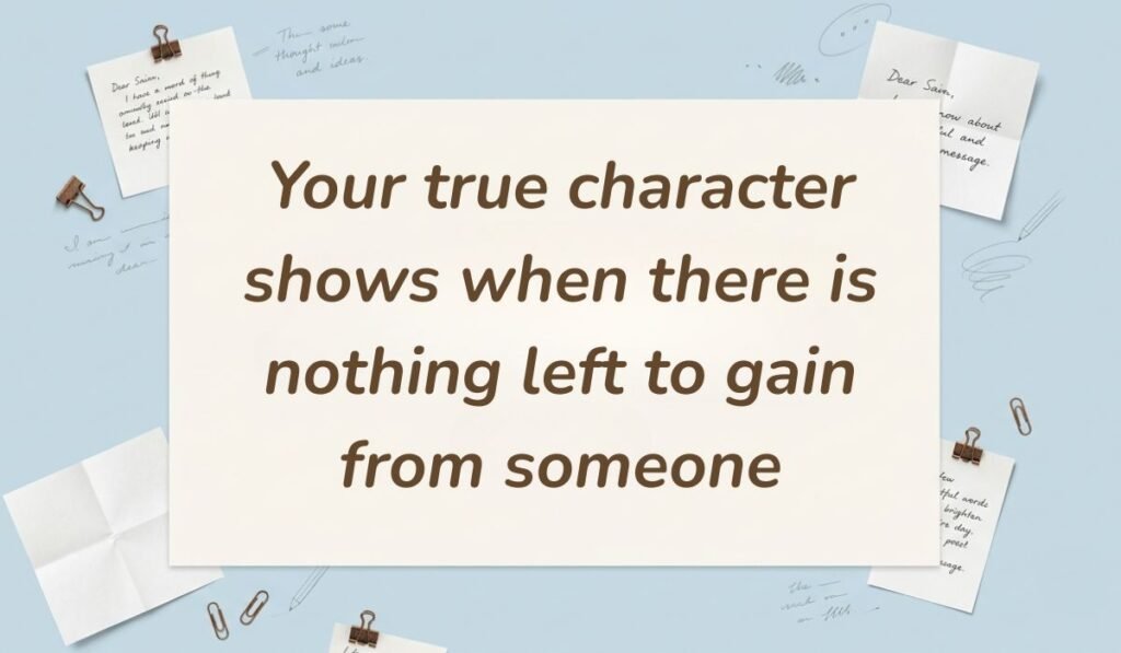 Light blue workspace layout decorated with paperclips and handwritten note cards presenting quotes for a fake person reading, "Your true character shows when there is nothing left to gain from someone."