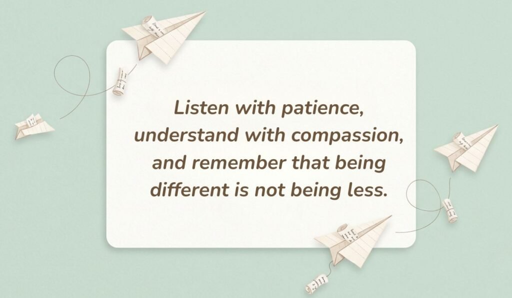 Mint green background with floating paper airplanes displaying quotes for autism awareness day reading, "Listen with patience, understand with compassion, and remember that being different is not being less."