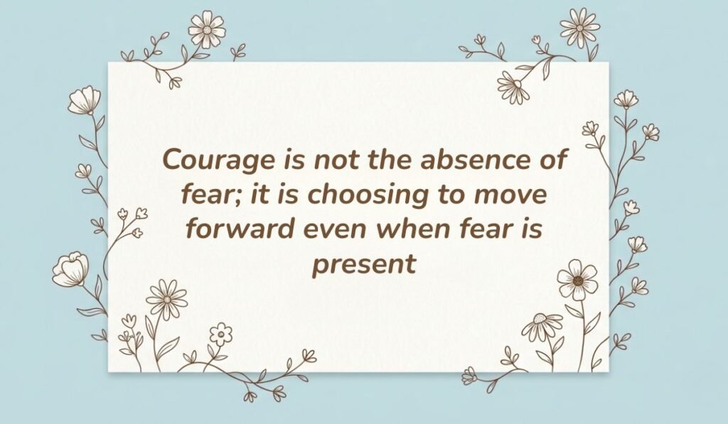 Light blue card framed by line-art floral illustrations displaying quotes for bravery and courage reading, "Courage is not the absence of fear; it is choosing to move forward even when fear is present."