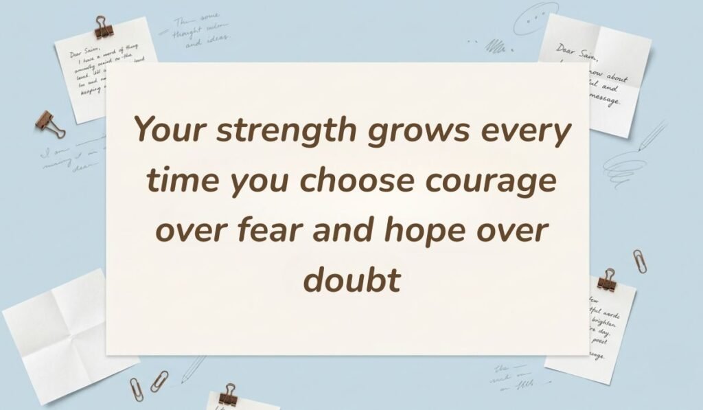 Sky blue background with paperclips and handwritten notes displaying quotes for bravery and courage reading, "Your strength grows every time you choose courage over fear and hope over doubt."