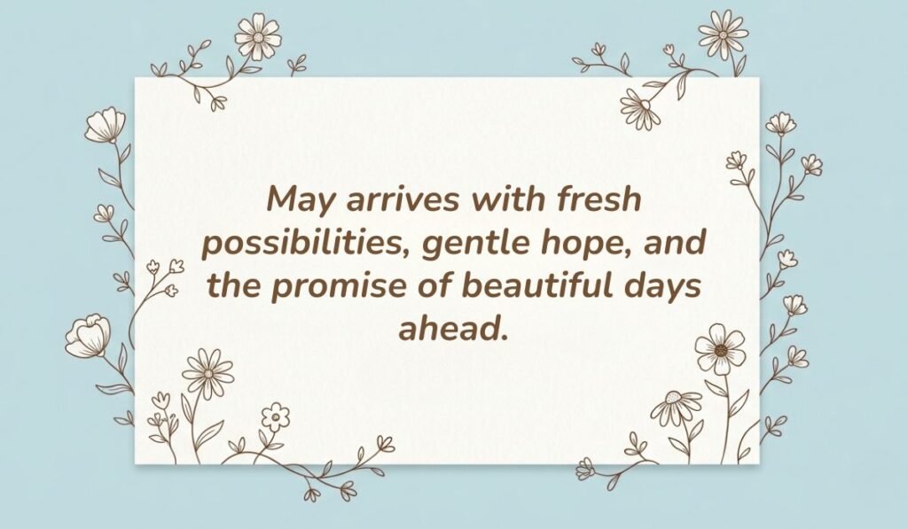 Light blue floral border around a central card featuring inspirational quotes for month of may reading, "May arrives with fresh possibilities, gentle hope, and the promise of beautiful days ahead."
