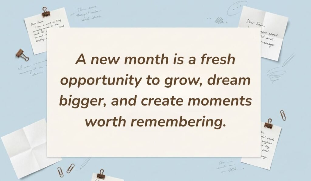 Soft blue workspace layout with stationery items presenting motivational quotes for month of may reading, "A new month is a fresh opportunity to grow, dream bigger, and create moments worth remembering."