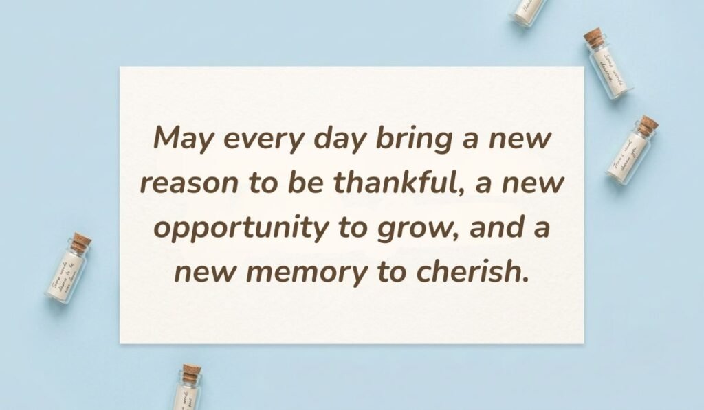 Light blue aesthetic layout with miniature message bottles displaying positive quotes for month of may reading, "May every day bring a new reason to be thankful, a new opportunity to grow, and a new memory to cherish."