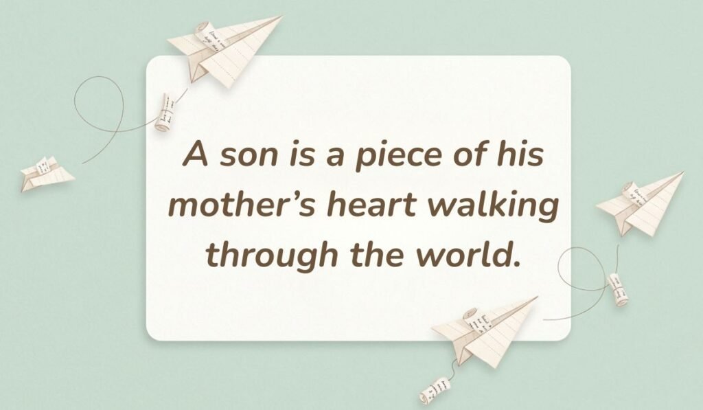 Mint green background with paper airplanes featuring quotes for mother and son bonding reading, "A son is a piece of his mother’s heart walking through the world."