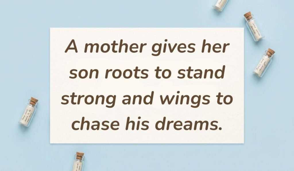 Light blue flat lay with mini glass message bottles showing quotes for mother and son bonding reading, "A mother gives her son roots to stand strong and wings to chase his dreams."