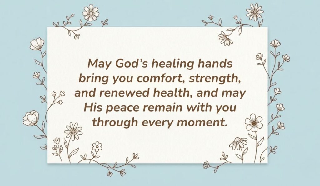 Soft light blue card framed by delicate floral line art illustrations presenting quotes for prayers of healing with text reading, "May God's healing hands bring you comfort, strength, and renewed health, and may His peace remain with you through every moment."