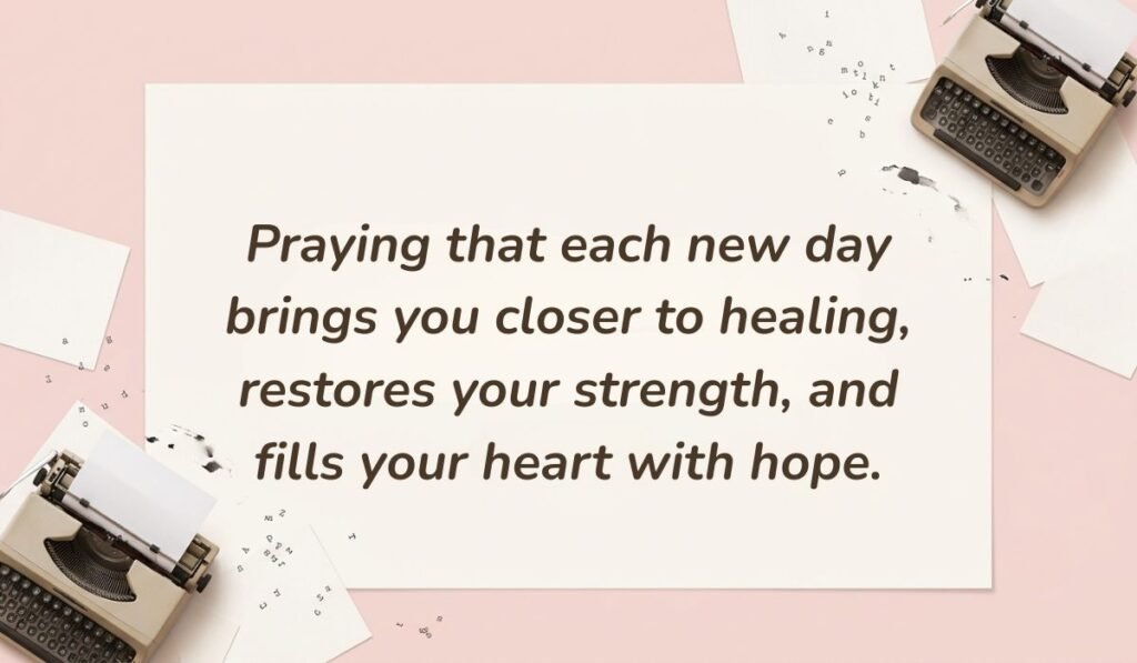 Pastel pink background decorated with vintage typewriters and typed paper accents showcasing quotes for prayers of healing reading, "Praying that each new day brings you closer to healing, restores your strength, and fills your heart with hope."