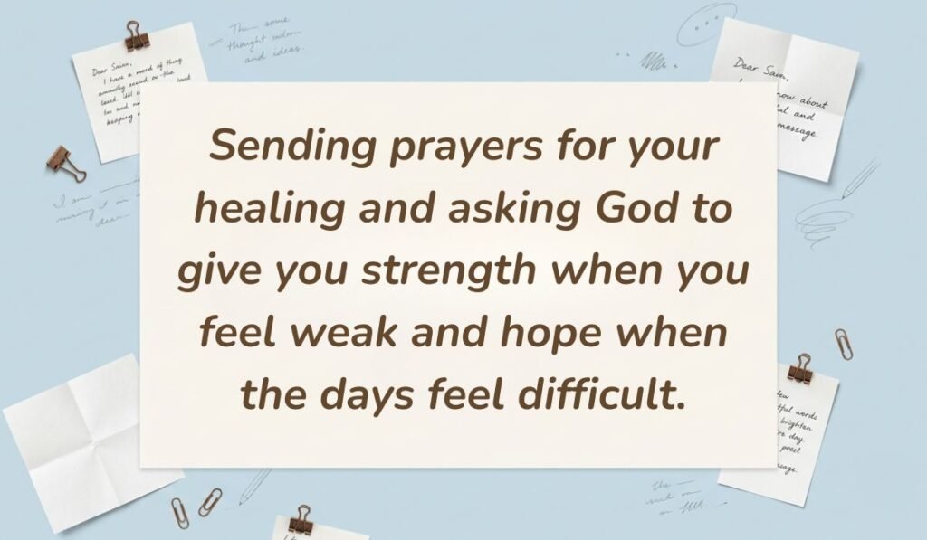 Light blue desk aesthetic surrounded by pinned note cards and paperclips displaying quotes for prayers of healing reading, "Sending prayers for your healing and asking God to give you strength when you feel weak and hope when the days feel difficult."