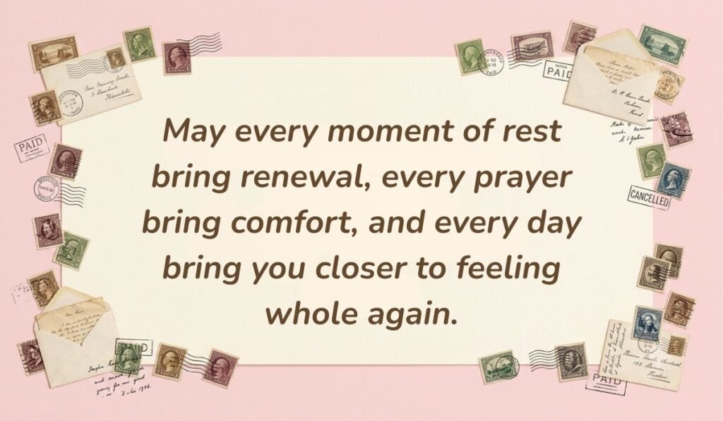 Soft pink card framed by a collection of vintage postage stamps and retro envelopes highlighting quotes for prayers of healing with text reading, "May every moment of rest bring renewal, every prayer bring comfort, and every day bring you closer to feeling whole again."