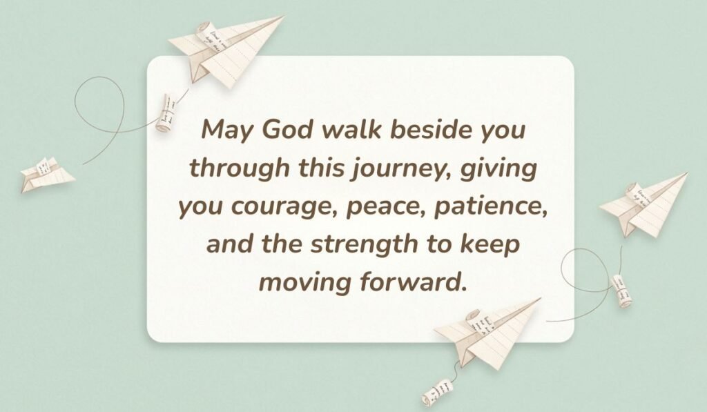 Soft green background decorated with tiny paper airplanes carrying mini scrolls showcasing quotes for prayers of healing stating, "May God walk beside you through this journey, giving you courage, peace, patience, and the strength to keep moving forward."