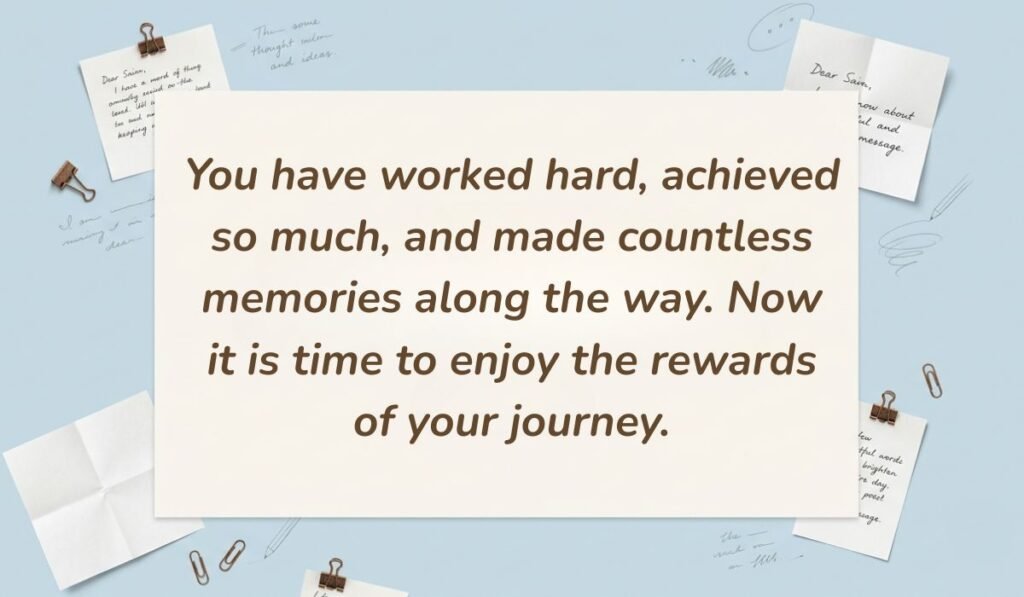 Soft blue background with sticky notes and paper clips featuring retirement wishes for a friend reading, "You have worked hard, achieved so much, and made countless memories along the way. Now it is time to enjoy the rewards of your journey."
