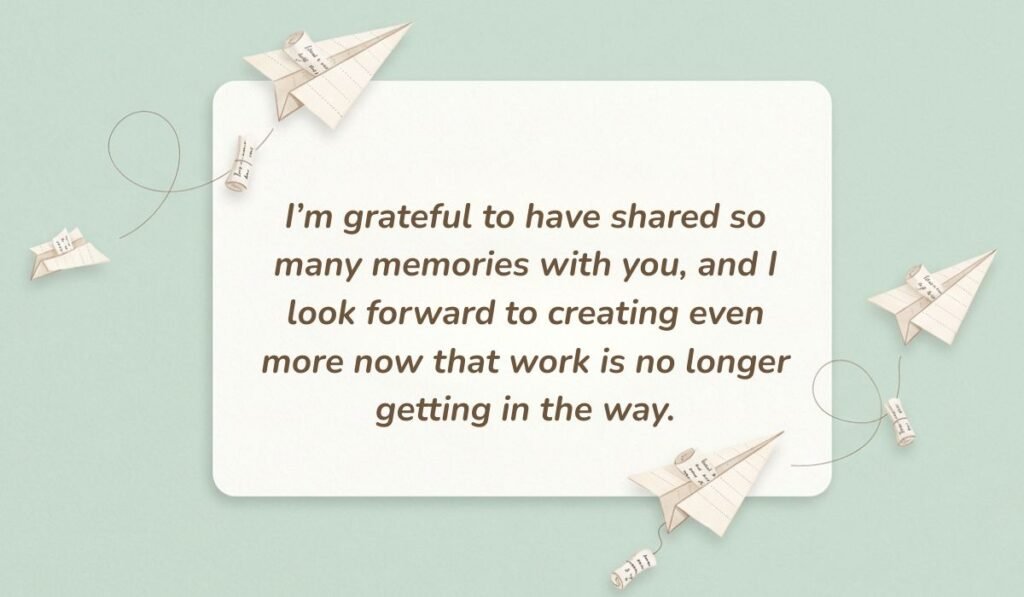 Mint green backdrop with paper airplanes and message scrolls showing retirement wishes for a friend reading, "I'm grateful to have shared so many memories with you, and I look forward to creating even more now that work is no longer getting in the way."