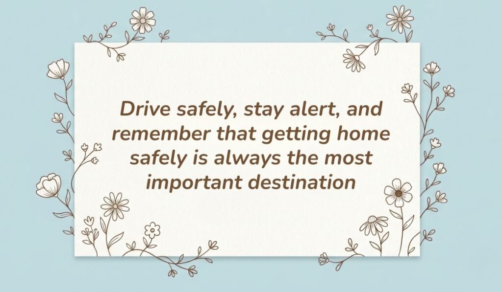 Light blue background framed with botanical floral line art presenting safety messages for truck drivers reading, "Drive safely, stay alert, and remember that getting home safely is always the most important destination"
