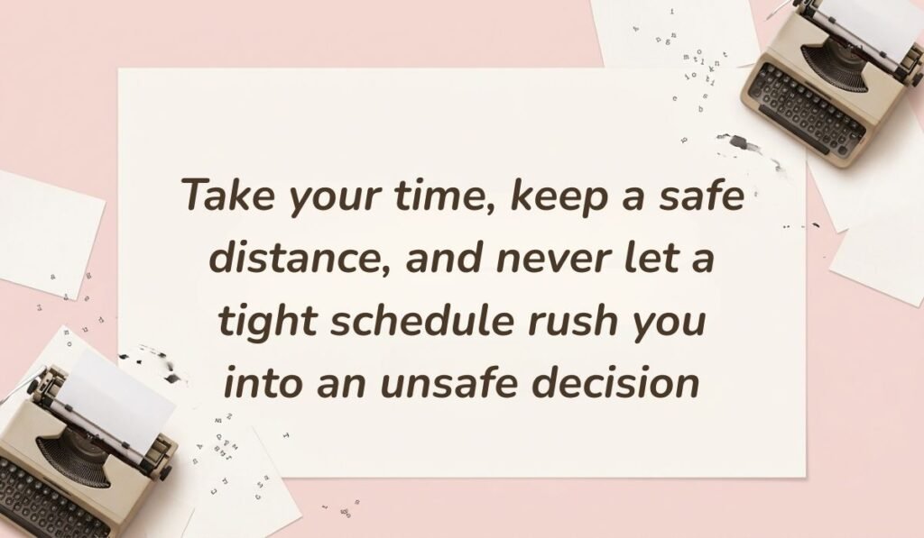 Soft pink background featuring vintage typewriters and paper snippets displaying safety messages for truck drivers stating, "Take your time, keep a safe distance, and never let a tight schedule rush you into an unsafe decision"