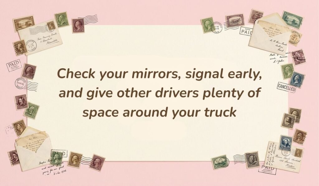 Soft pink vintage background decorated with postage stamps and envelopes featuring safety messages for truck drivers reading, "Check your mirrors, signal early, and give other drivers plenty of space around your truck"