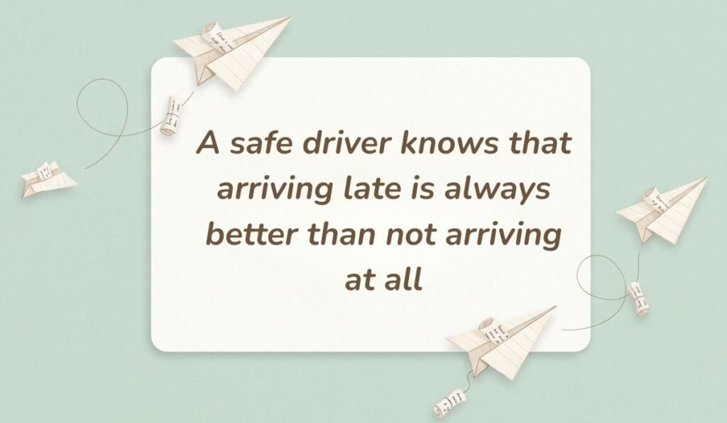 Soft mint green background decorated with paper airplanes and message scrolls displaying safety messages for truck drivers stating, "A safe driver knows that arriving late is always better than not arriving at all"