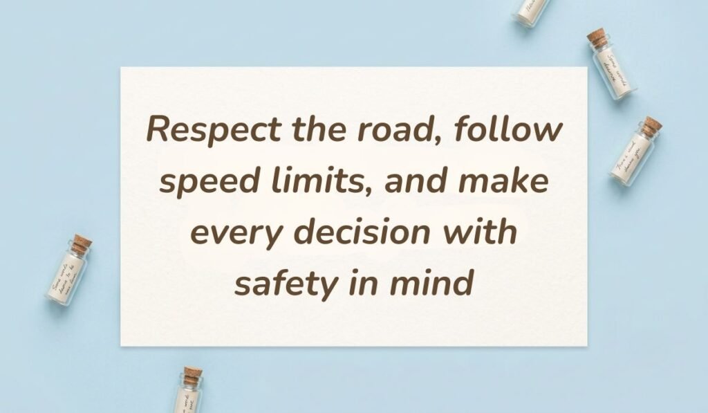 Light blue background featuring corked glass message bottles presenting safety messages for truck drivers reading, "Respect the road, follow speed limits, and make every decision with safety in mind"