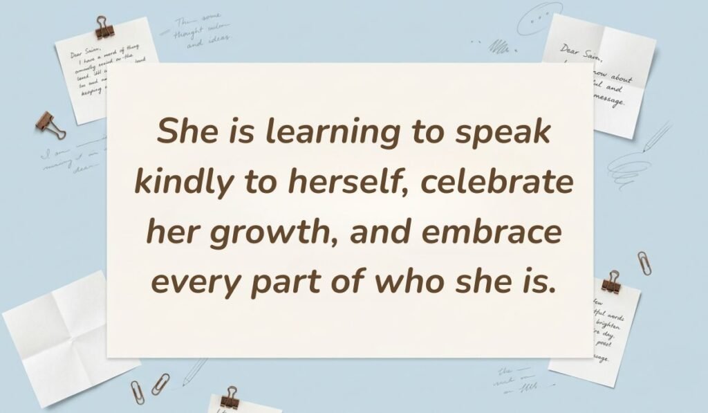 Light blue stationery flat lay with memo notes showing self love quotes for women reading, "She is learning to speak kindly to herself, celebrate her growth, and embrace every part of who she is."