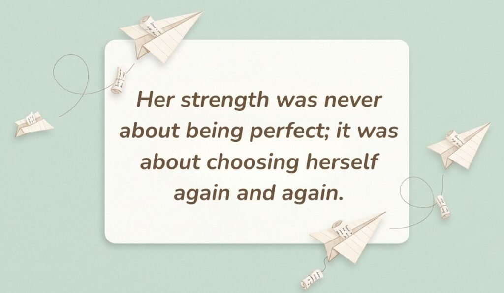 Mint green background with paper airplanes featuring self love quotes for women reading, "Her strength was never about being perfect; it was about choosing herself again and again."