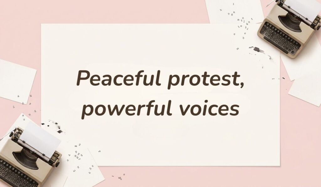 Soft pink background featuring vintage typewriters and paper snippets displaying short quotes for protest signs stating, "Peaceful protest, powerful voices"
