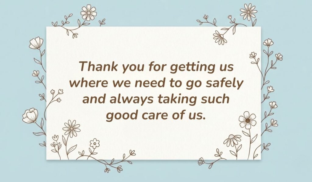 alt="Light blue floral line-art card featuring a thank you message for bus driver reading, 'Thank you for getting us where we need to go safely and always taking such good care of us.'"