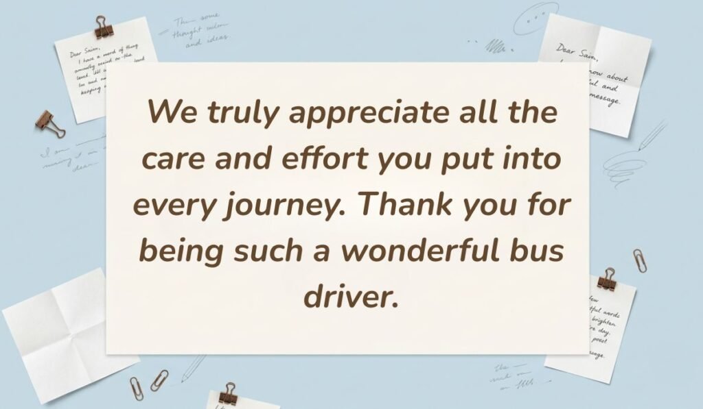 alt="Soft blue desktop background with sticky notes featuring a thank you message for bus driver reading, 'We truly appreciate all the care and effort you put into every journey. Thank you for being such a wonderful bus driver.'"