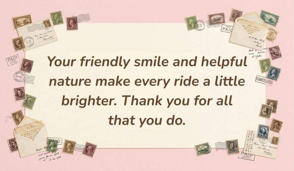 alt="Warm pink background with vintage postage stamps framing a thank you message for bus driver reading, 'Your friendly smile and helpful nature make every ride a little brighter. Thank you for all that you do.'"