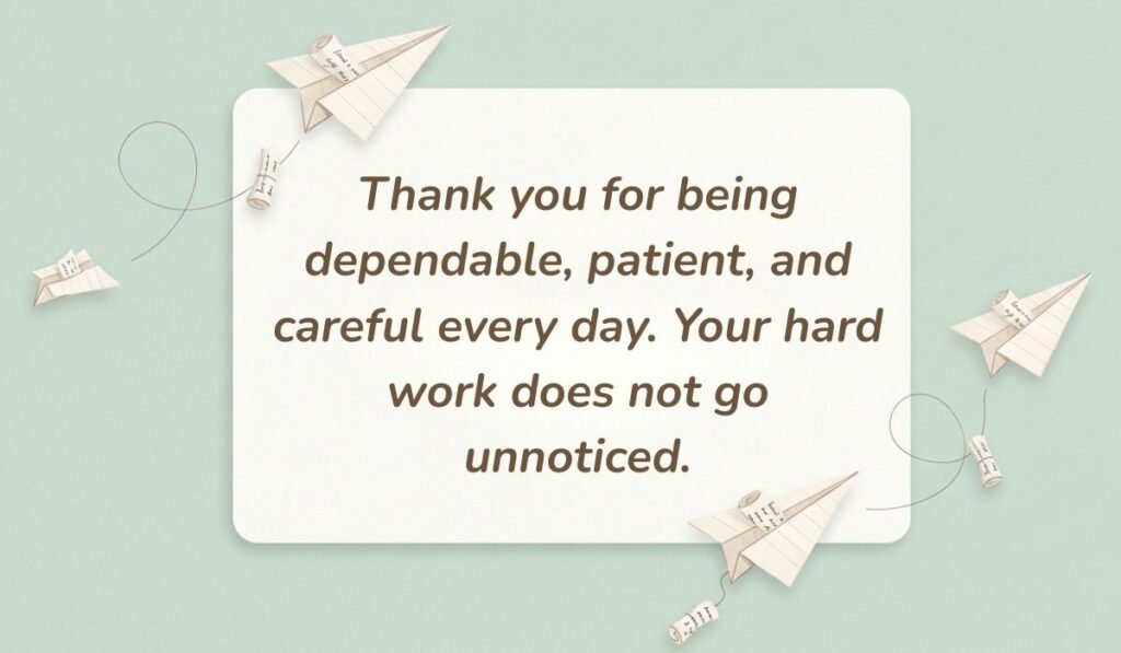 alt="Mint green card design with paper airplanes displaying a thank you message for bus driver reading, 'Thank you for being dependable, patient, and careful every day. Your hard work does not go unnoticed.'"