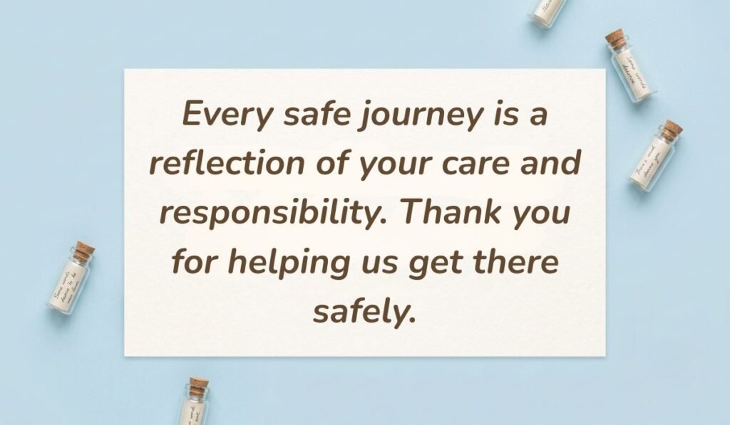 alt="Soft blue layout with tiny glass message bottles featuring a thank you message for bus driver reading, 'Every safe journey is a reflection of your care and responsibility. Thank you for helping us get there safely.'"