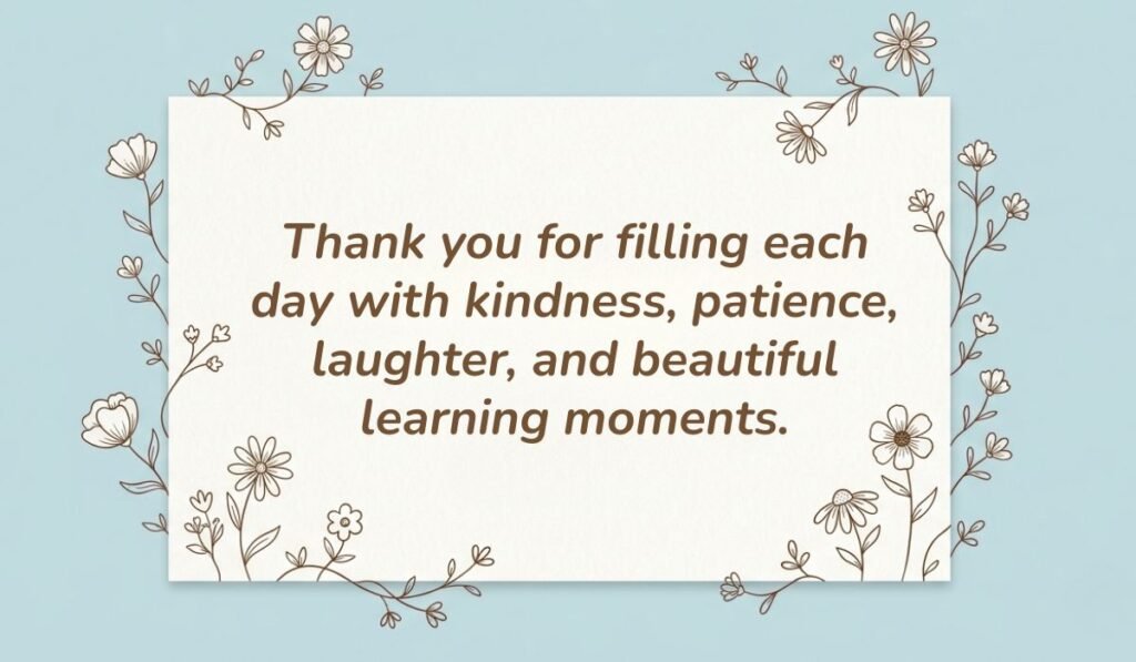alt="Light blue floral line-art graphic card displaying a thank you message for nursery teacher reading, 'Thank you for filling each day with kindness, patience, laughter, and beautiful learning moments.'"