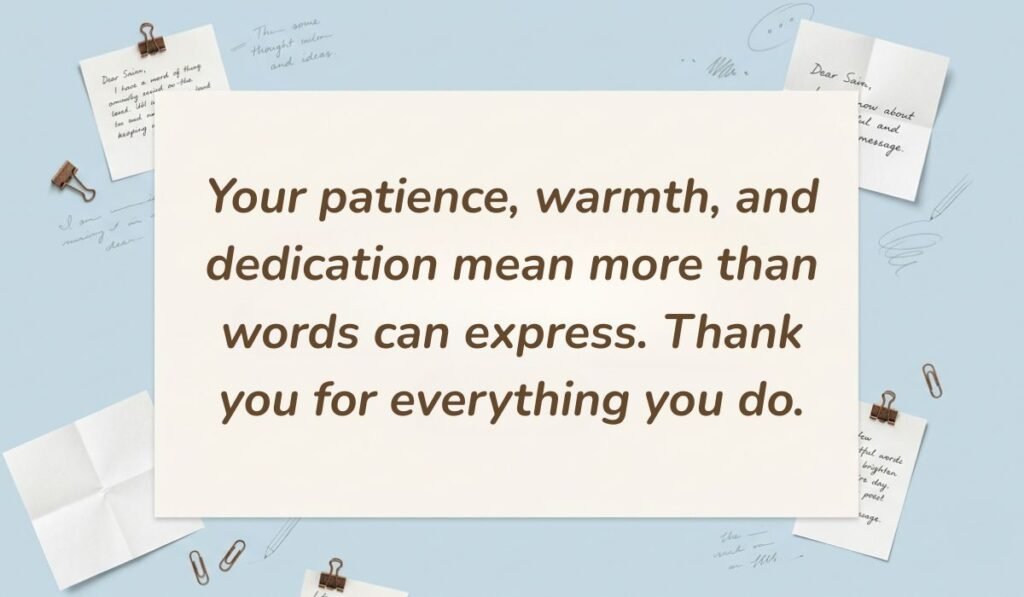 alt="Soft blue desktop layout with sticky notes featuring a thank you message for nursery teacher reading, 'Your patience, warmth, and dedication mean more than words can express. Thank you for everything you do.'"