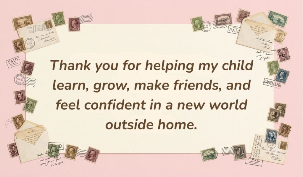 alt="Warm pink background framed with vintage postage stamps displaying a thank you message for nursery teacher reading, 'Thank you for helping my child learn, grow, make friends, and feel confident in a new world outside home.'"